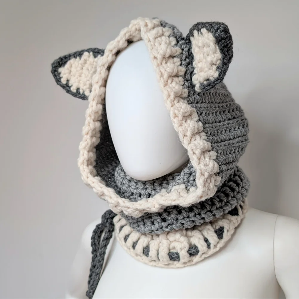 Handmade Crochet Gray & Cream Wolf Head Cowl Hood Scarf With Ears Beenie Hat